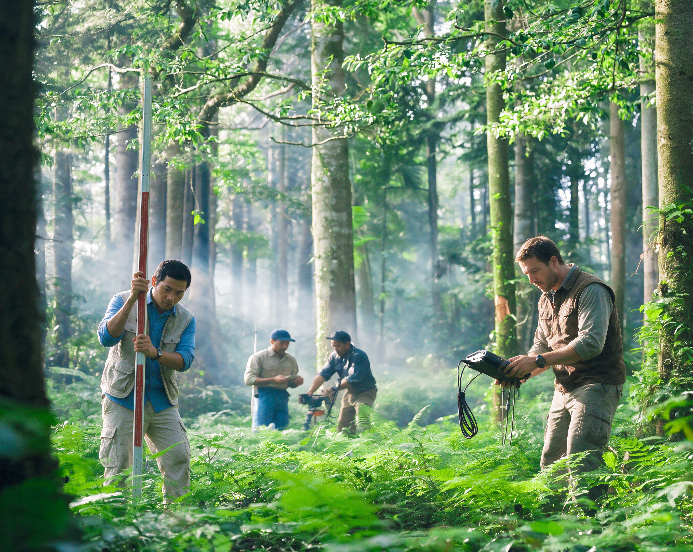 Water source survey team in a mountain forest