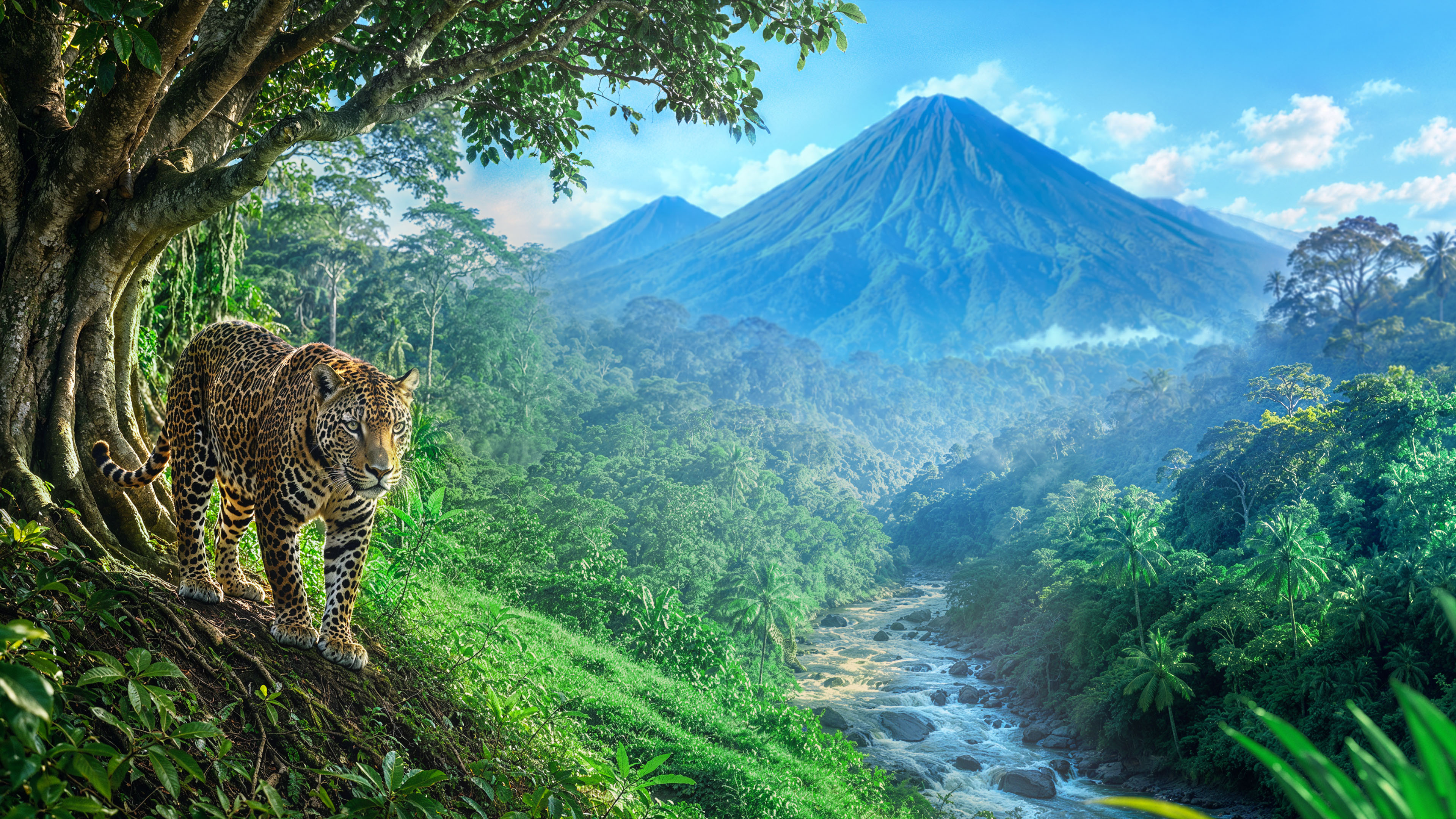 Leopard in a forest valley below a mountain