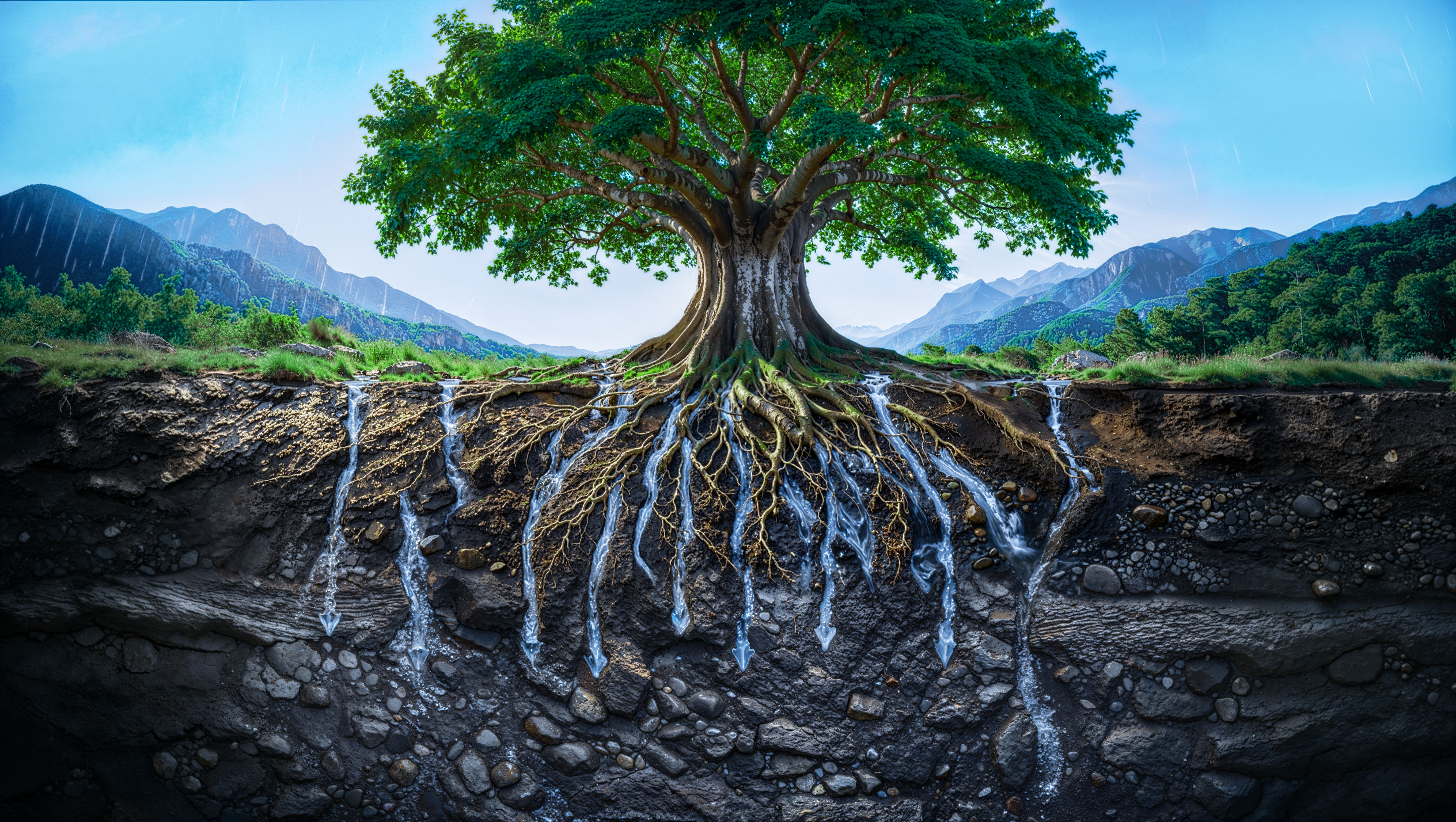 Roots guiding water deeper into the ground